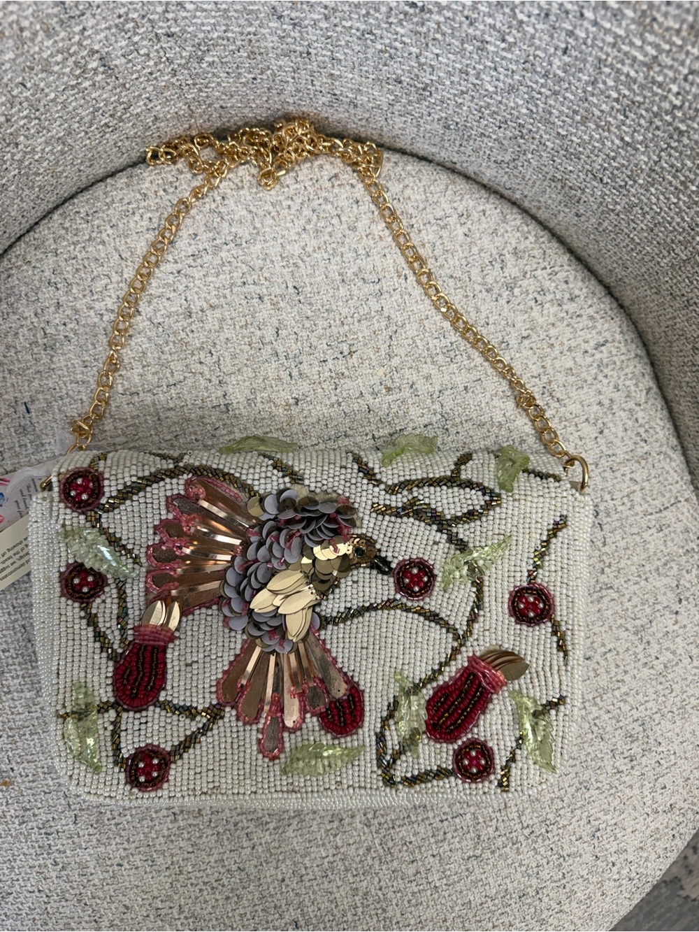 Ivory Beaded Clutch with Red Floral Embroidery & Gold Bird Accent